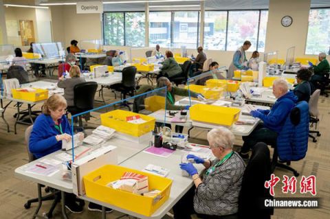 当地时间2024年10月28日，美国华盛顿州伦顿，选举总部计票过程持续进行。