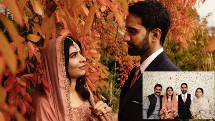 马拉拉（左）穿著巴基斯坦传统服饰，满满幸福感。小图为马拉拉与新郎及马拉拉父母合照。