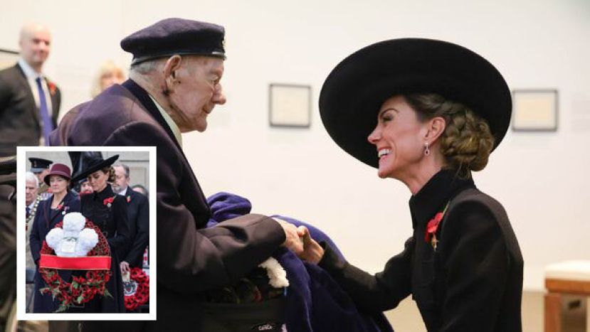 凯特王妃与100岁的二战老兵唐纳比尔瑞德斯顿求教长寿秘诀。小图为凯特王妃首度独自出席停战纪念日，象徵她在王室角色中又迈进重要一步。