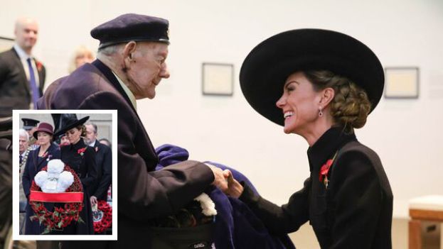 凯特王妃与100岁的二战老兵唐纳比尔瑞德斯顿求教长寿秘诀。小图为凯特王妃首度独自出席停战纪念日，象徵她在王室角色中又迈进重要一步。