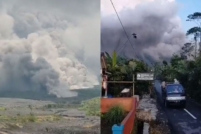 塞梅鲁火山喷发，火山灰笼罩天空。