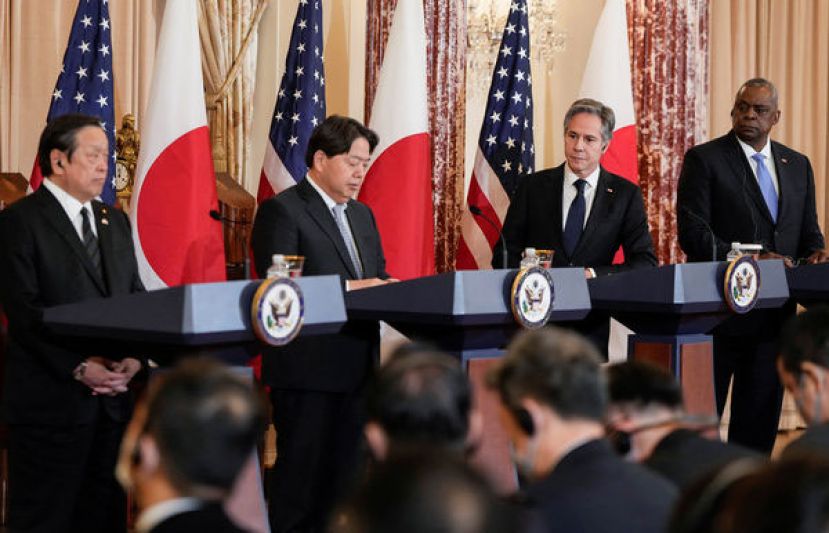 美日外交及国防部长2加2会谈12日在美国华府举行并发表联合声明。