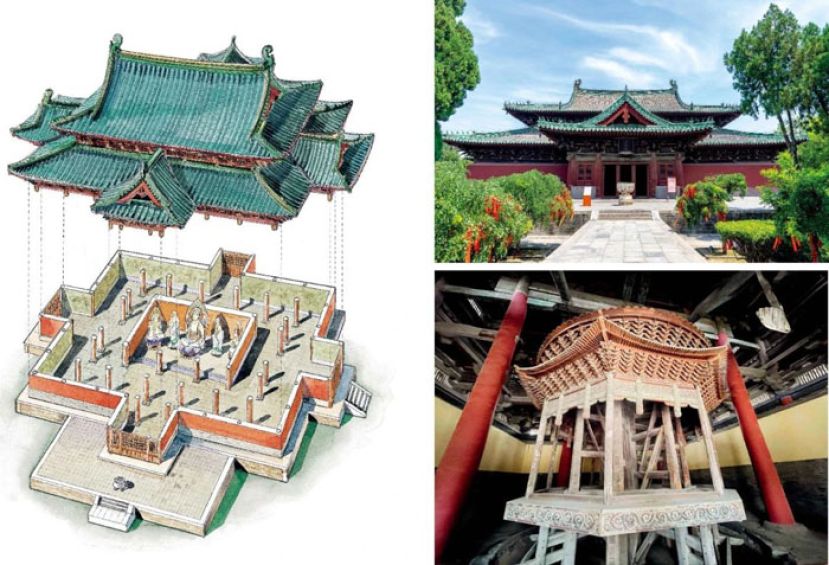 左图：正定隆兴寺摩尼殿解构式掀顶透视图。右上图：隆兴寺摩尼殿四面出&ldquo;抱厦&rdquo;，&ldquo;出际&rdquo;向前，为后代少用之例。右下图：隆兴寺摩尼殿，北宋年间的木制转轮藏。