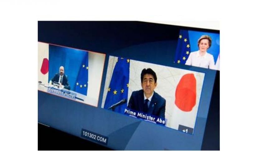 欧盟领袖与安倍晋三举行视像会议。