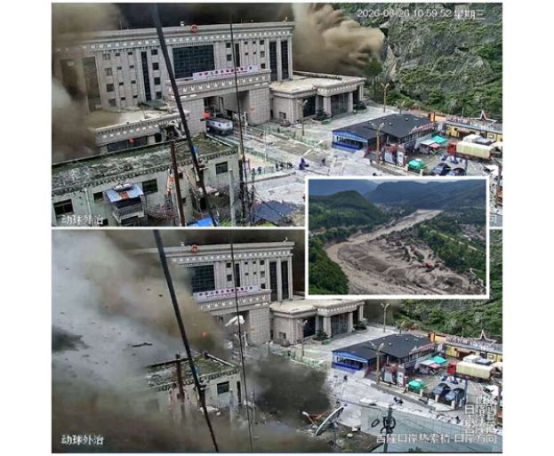 位於中国和尼泊尔边境的西藏日喀则市吉隆县吉隆口岸，泥石流和洪水冲毁了建筑物，监视器画面显示人们四散奔逃。小图为尼泊尔巴格马蒂省怒瓦阔特县山洪暴发，受损房屋摇摇欲坠地矗立在特里苏里河水位暴涨、被瓦砾堵塞的河岸边。