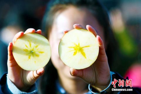 阿克苏苹果切开展示糖心。