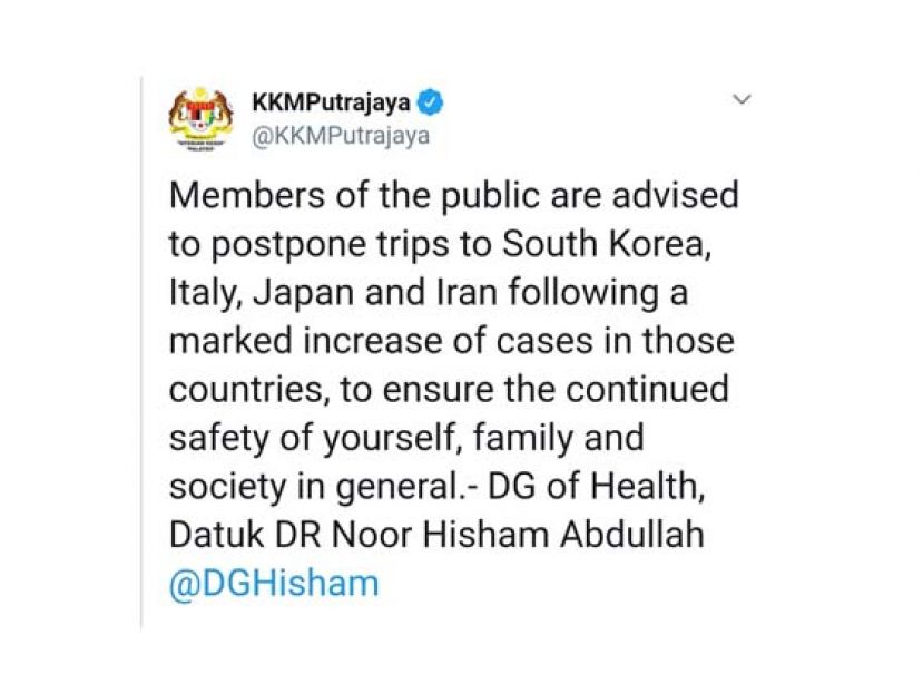 卫生总监告建议民众展延前往韩国、意大利、日本及伊朗。