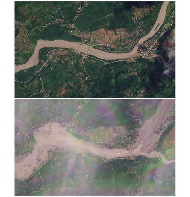 尼泊尔土石流卫星照前後对比。