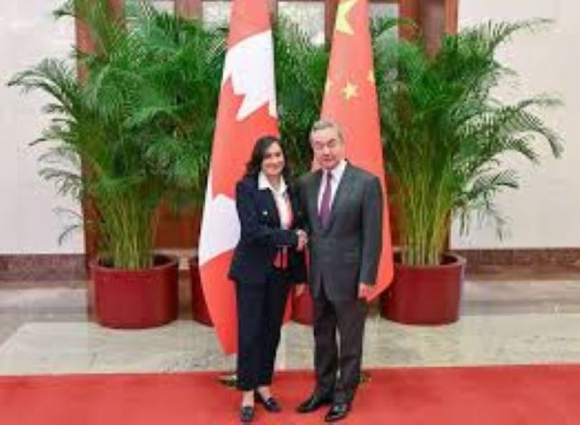 中国外交部长王毅（右）15日在北京会见加拿大外长阿南德（左）。