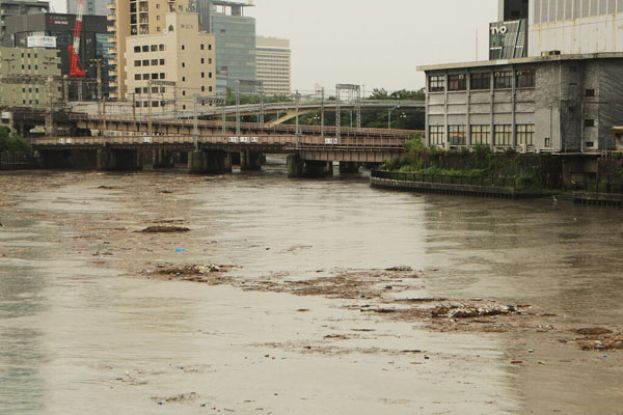 日本大阪府大阪市遭遇罕见强降雨，大川水位暴涨。
