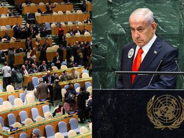 内坦尼亚胡26日在联合国大会发表演说时，多国代表纷纷起身离开会场。