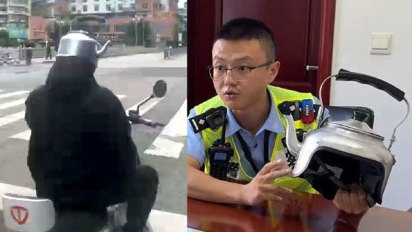 传统铝制烧水壶当头盔？ 男子戴造型帽驾驶被警告。
