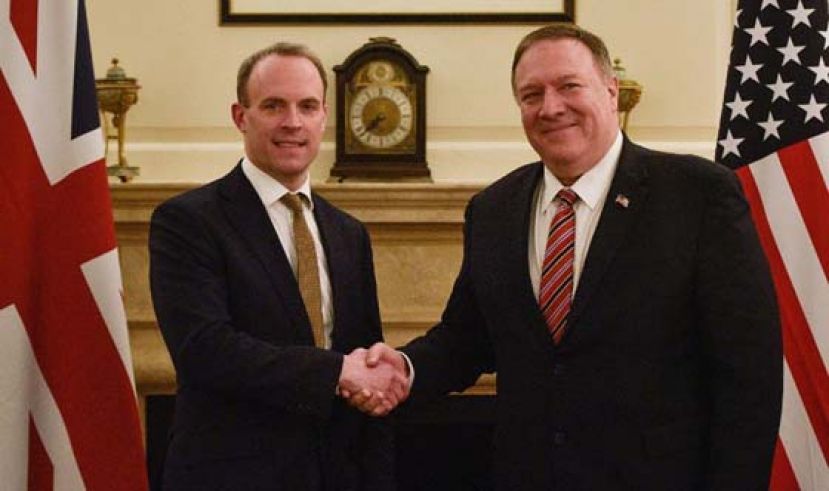 拉布（左）与蓬佩奥（右）通电话讨论香港局势；图为二人早前见面情况。