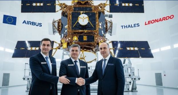  法国的空中巴士、泰雷兹和意大利的莱奥纳多高管合照。