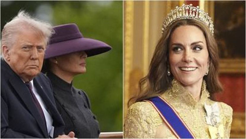 巨大帽檐几乎遮住梅兰妮亚的脸部，而凯特王储妃在国宴上，身穿一袭金色晚礼服亮相。