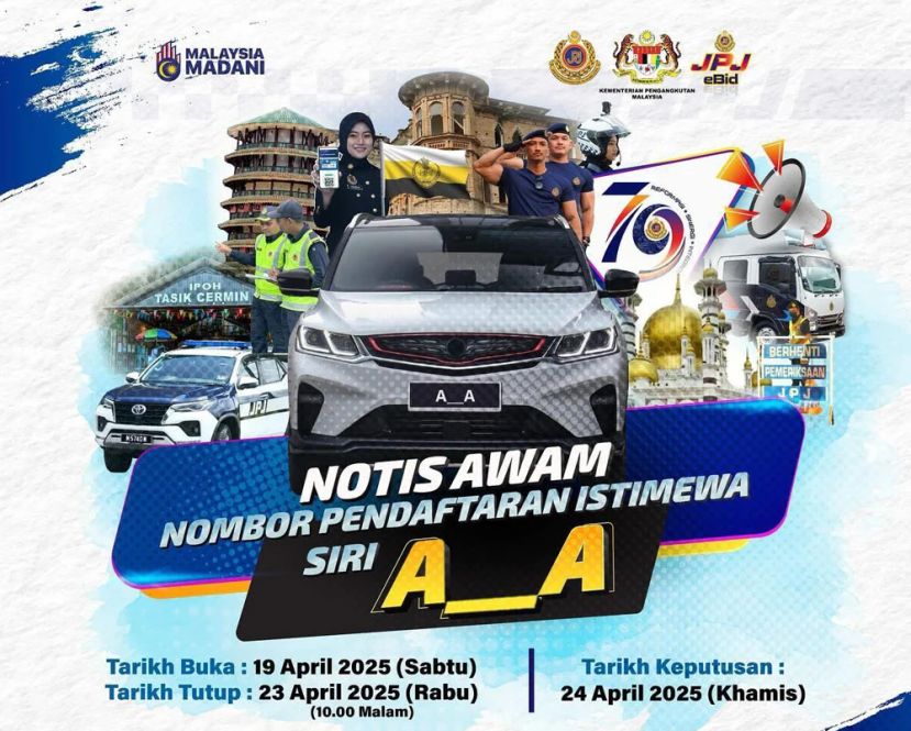 陆路交通局庆祝79周年纪念 “A_A”系列特别车牌号码的竞标期间 筹得超过2400万令吉收入
