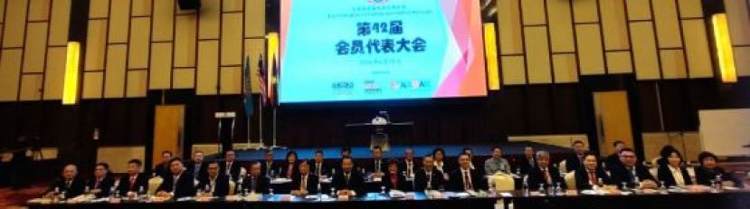 马拉西亚海南会馆联合会第41届常务委员会合影。前排左起为青年团总团长罗长盈、第五副总会长符气安、第四副总会长拿督杨克浩、第三副总会长林日梁、第二副总会长拿督莫壮强、第一副总会长拿督陈川正、荣誉顾问邢福盛、总会名誉会长拿督斯里符之庆、总会长拿督林秋雅、古晋海南公会主席张光福、大会议长罗鸣;前排右起为妇女团总团长廖雅琼、财政王雅兰、秘书长陈如坚、选举委员周天龙及唐兰松。