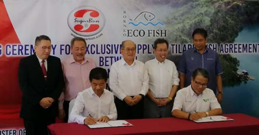 舒戈邦速食连锁公司总经理张建龙（前左一）与Borneo Ecofish有限公司执行董事经理许忠康（前右一）签署巴当艾富贵鱼供应合约，后排左起为古晋南市市长的拿督黄鸿圣、砂农业现代化、砂土著地发展助理部长拿督罗兰沙加、砂副首长拿督阿玛道格拉斯、砂地方政府与房屋部长拿督斯里沈桂贤及砂农业助理部长阿都拉曼依斯迈尔。