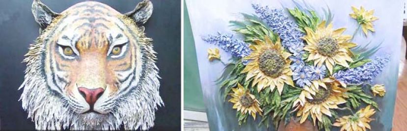 ●经过周建桥处理过的旧报纸，能变成一幅幅栩栩如生的立体雕塑油画。