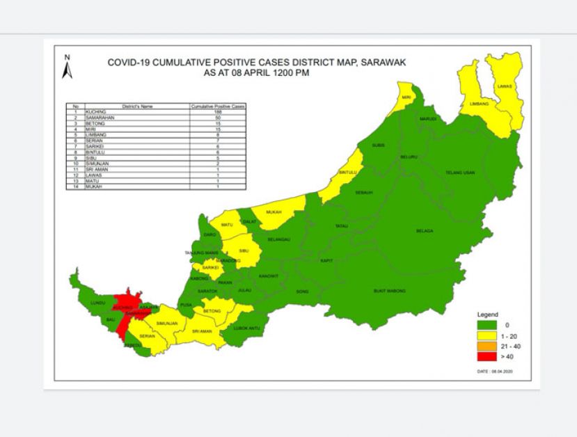 砂拉越新冠肺炎确诊者分部图。