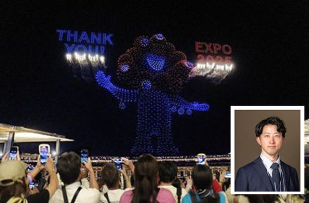 “孔明的赤壁”创金氏世界纪录。小图为日本无人机表演策划公司赤壁社长佐佐木孔明。