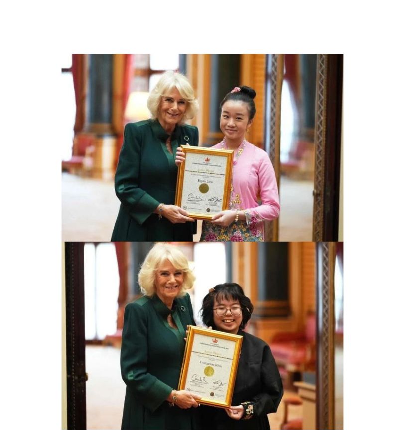 （上图）Liew Erynn（右）从卡米拉王后手中接过证书。（下图）卡米拉王后（左）颁发证书予Evangeline Khoo 。