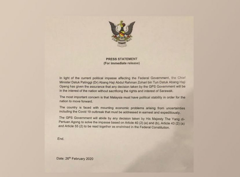 砂首长政党联盟主席拿督巴丁宜阿邦佐哈里文告。