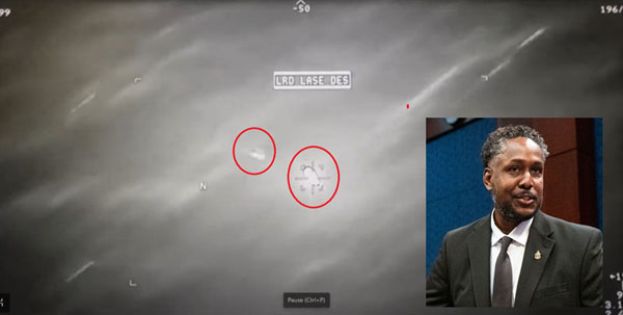 画面中可以看到，另一架无人机发射的地狱火飞弹击中一个高速移动的亮点，但物体并未受损，依旧沿直线飞行。小图为美国空军老兵努切特利、UAP目击者威金斯9日在国会大厦出席关于目击不明异相的听证会。