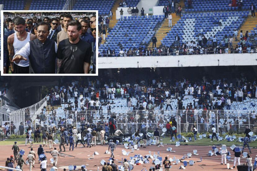 数千名球迷高价买票进场，但梅西被团团围住，球迷根本看不清楚，甚至有人连一眼也没看到。小图为梅西绕行球场，向球迷们挥手致意。