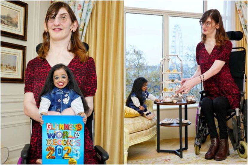 相差逾150公分的全球最高与最矮女性同框喝茶。