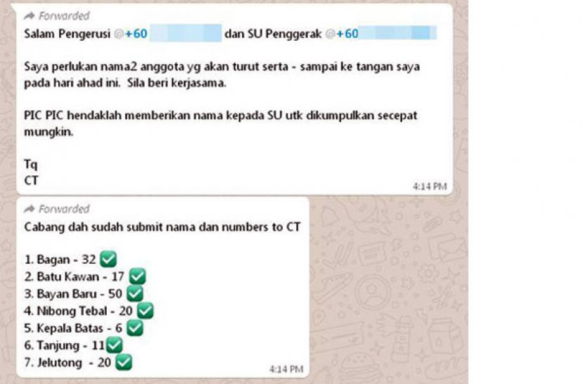 据说是集合全国副主席祖莱达支持者的Whats app群组“Penggerak”，通过简讯动员，号召敏派支持者出席集会，展示实力。
