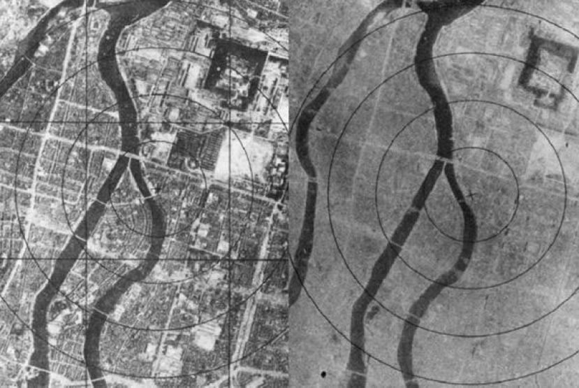1945年美军在广岛投下原子弹，遭毁灭性打击的广岛市瞬间从左图变为右图，市区几乎夷为平地，成为一片废墟。