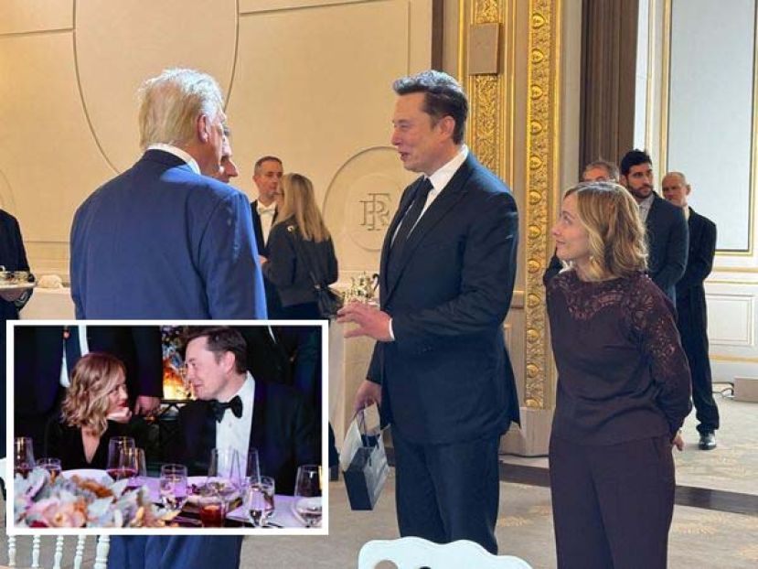 ●梅洛尼（右）看著马斯克，眼神看起来很崇拜。小图为今年9月，马斯克和梅洛尼在颁奖典礼上眉来眼去，互动超暧昧。