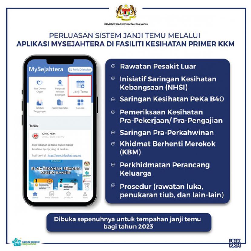 MySejahtera应用程式扩大所有初级医疗机构的预约系统