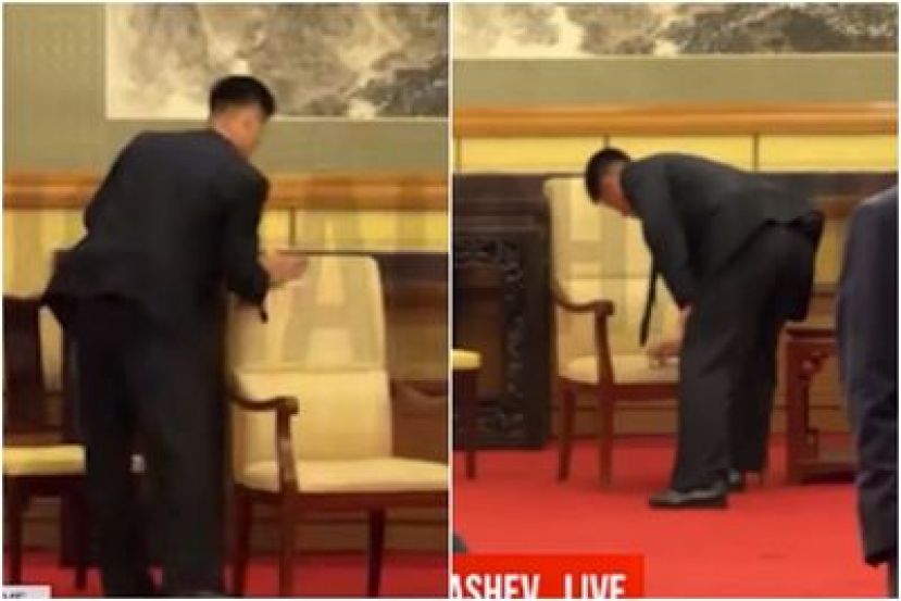 ●金正恩使用座椅与桌子之后，朝鲜随行人员仔细清洁。