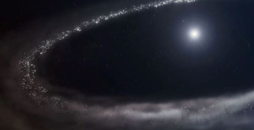 研究人员首次证实，在围绕类太阳恒星运行的尘埃碎片盘中存在结晶水冰。（构想图）