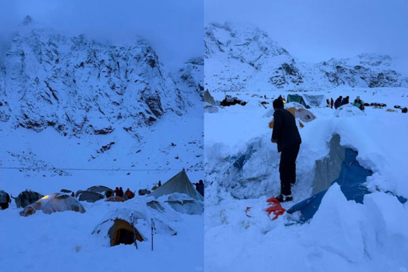 圣母峰遭暴雪突袭，导致上千登山客受困。