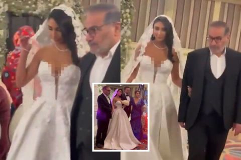 影片中可见，新娘头发披散、穿著露肩婚纱走进会场。