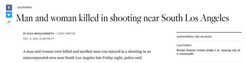 当地时间3日晚，美国加利福尼亚州南洛杉矶发生了一起枪杀案，一男一女当街被枪杀身亡。