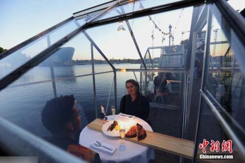 资料图：荷兰阿姆斯特丹，客人在“小型温室”享用晚餐。