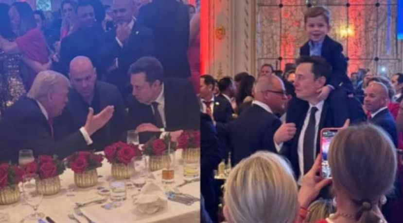 特朗普5日现身佛州海湖庄园出席开票晚宴，特斯拉执行长马斯克（中）也带儿子到场助阵。