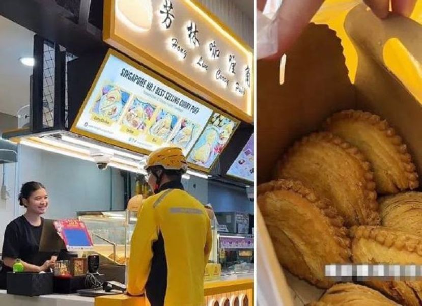 （左图）男子穿着美团制服到店买咖喱角。（右图）顾客买了一盒价值13元5角的咖喱角。&nbsp;
