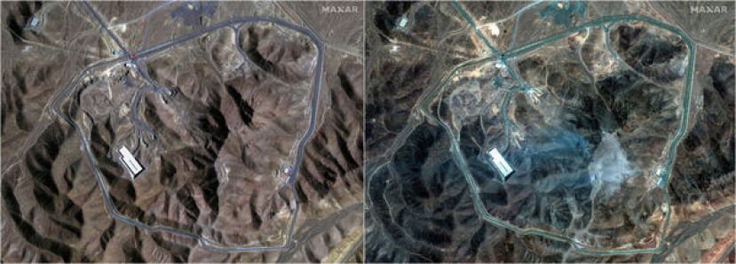 美国打击福尔多地下核设施前后的卫星影像。左图6月20日，右图6月22日。