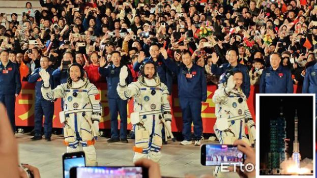 神舟二十号太空人出征欢送仪式。小图为酒泉卫星发射中心发射神舟21号载人飞船，长征二号F遥21运载火箭点火画面相当震撼。