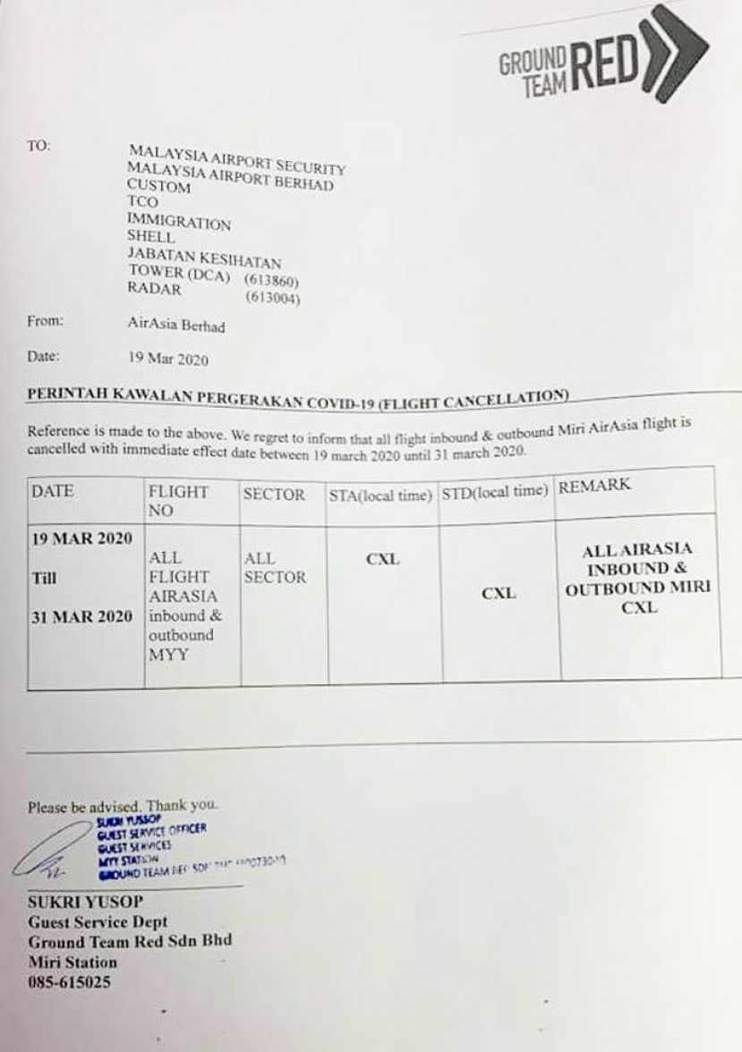 亚航即日起至本月31日取消美里航班。