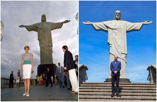 威廉王子站在基督像前，重现母亲黛安娜王妃34年前的经典画面。