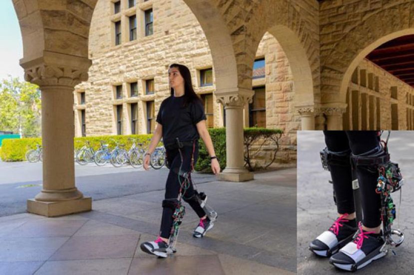 一个人在便携式踝关节外骨骼的帮助下行走。小图为便携式踝关节外骨骼。