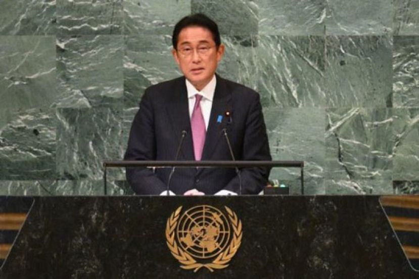 日本首相岸田文雄20日在纽约联合国总部的第77届联合国大会上发言。