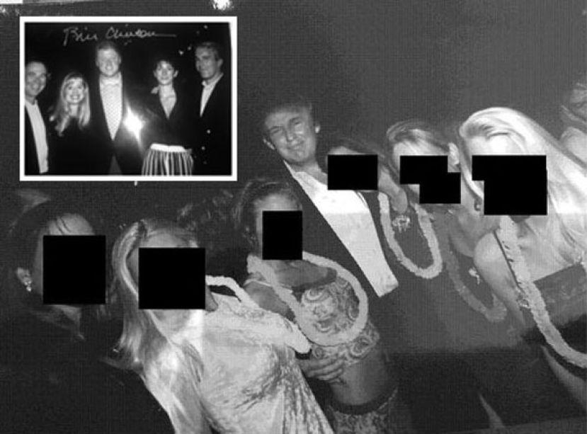 特朗普与6名配戴夏威夷花环的女性站在一起。小图为美国前总统克林顿、麦斯威尔以及淫魔富商艾普斯坦。